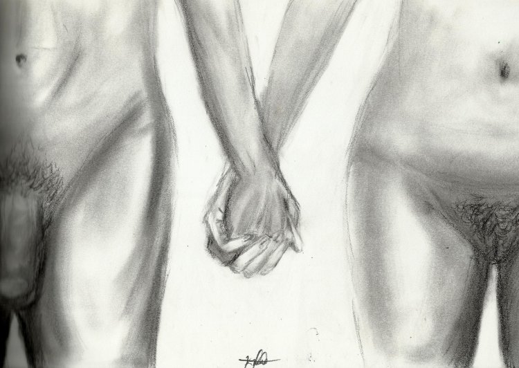 Hands of lovers drawing with a pencil