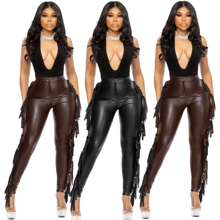 Artificial leather pants with high waist