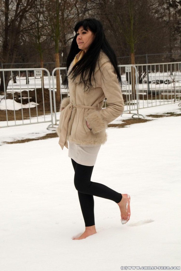 Barefoot girls in winter