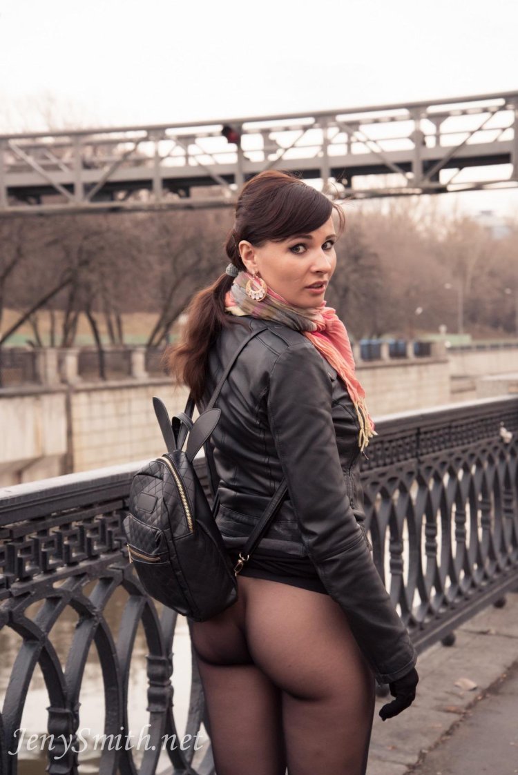 Jenny Smith in pantyhose on the street