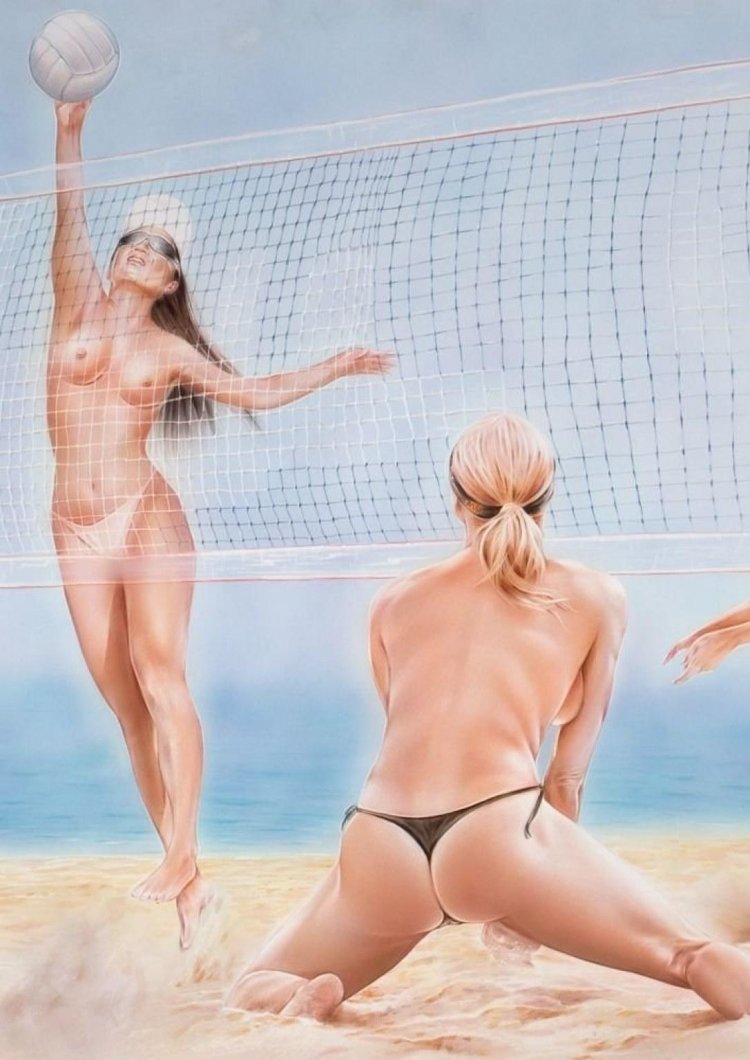 Naked volleyball players on the beach