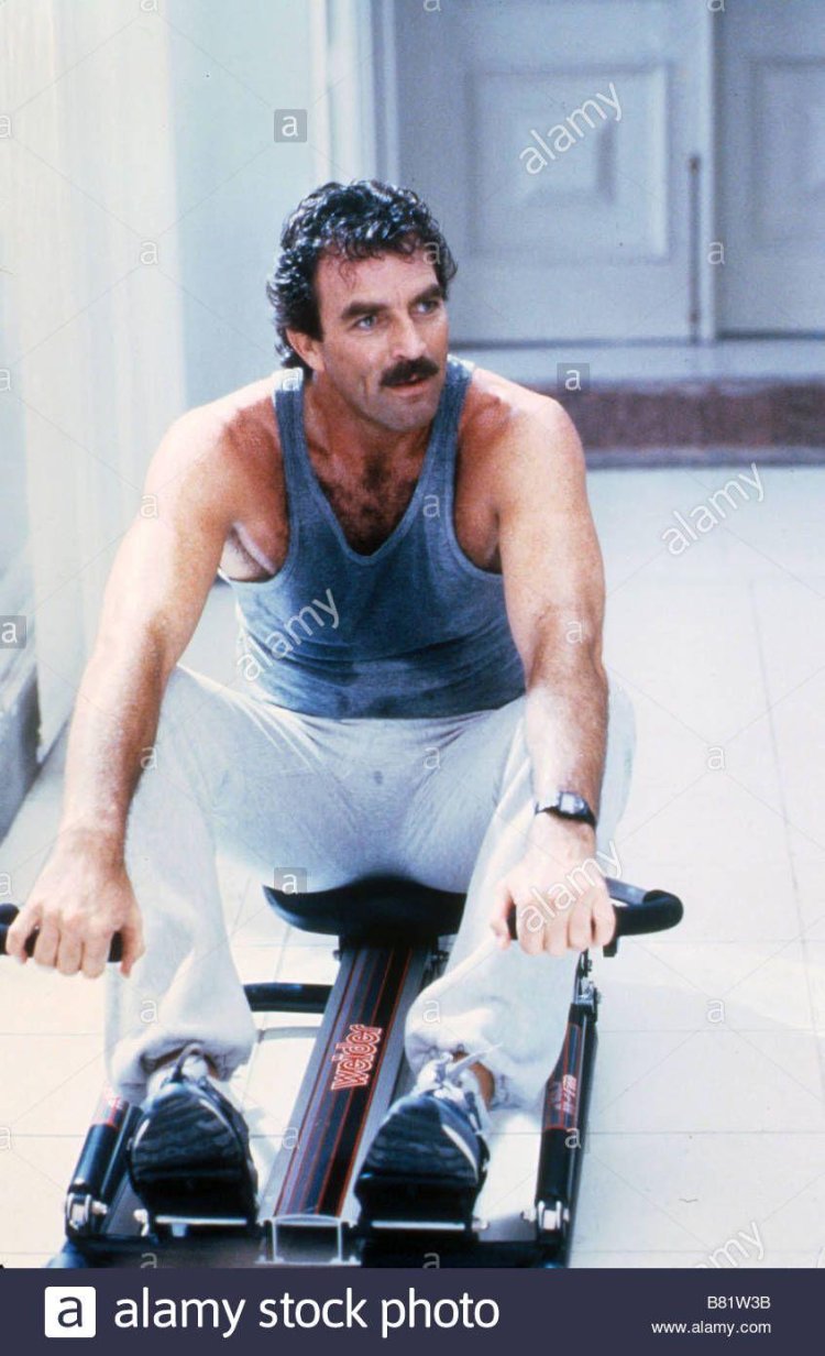 Three men and baby Tom Sellek