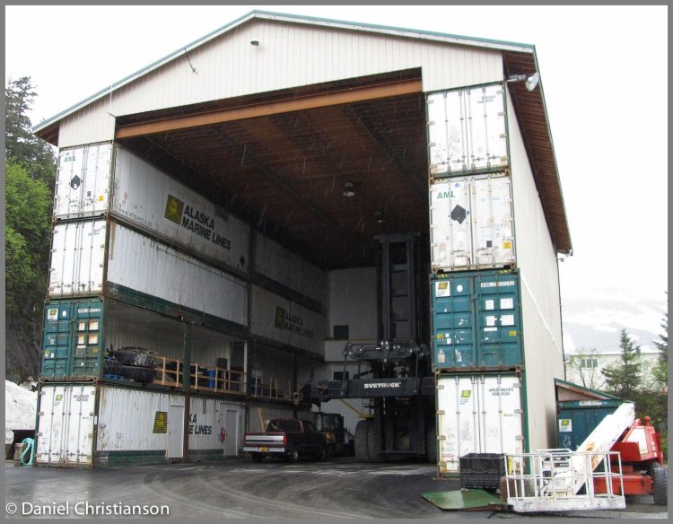 A garage of 20 foot containers