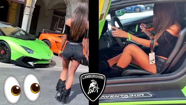 Beautiful girl poopes on Lamborgini
