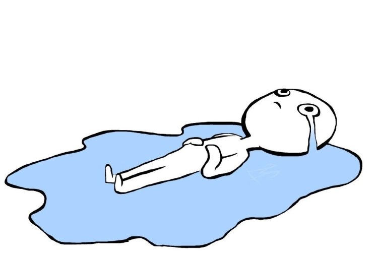 Lies in a puddle of tears