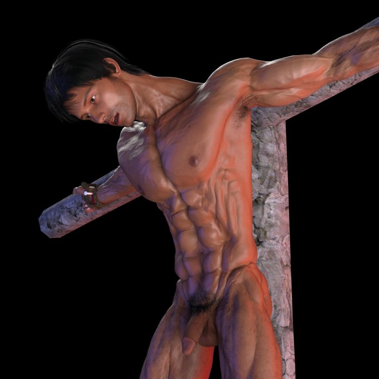 3D naked Male Punishment with a block