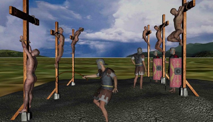 Crucifixion in Rome naked young men and prisoners of soldiers