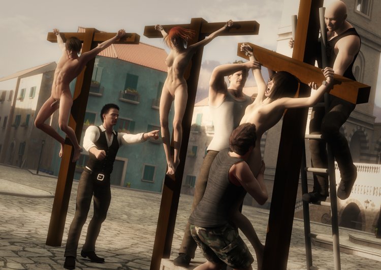 Crucifixion in Rome naked young men and prisoners of soldiers