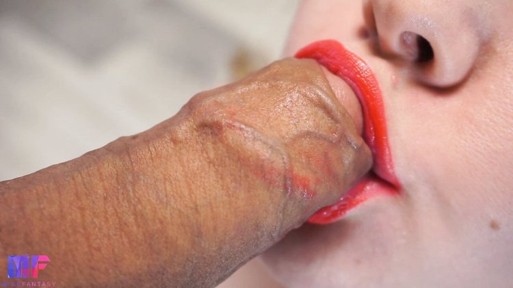 Red Lips playing with cum pulsating blowjob