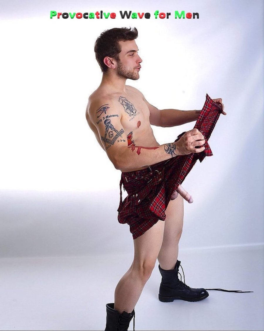 Handsome half-naked men in kilts