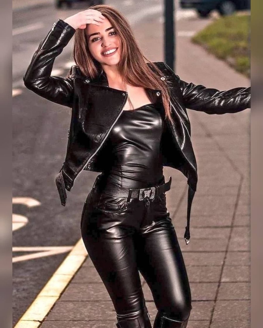 Woman in a leather dress