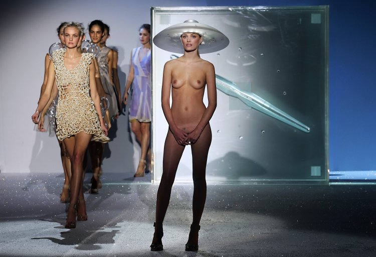 Models on the catwalk without panties
